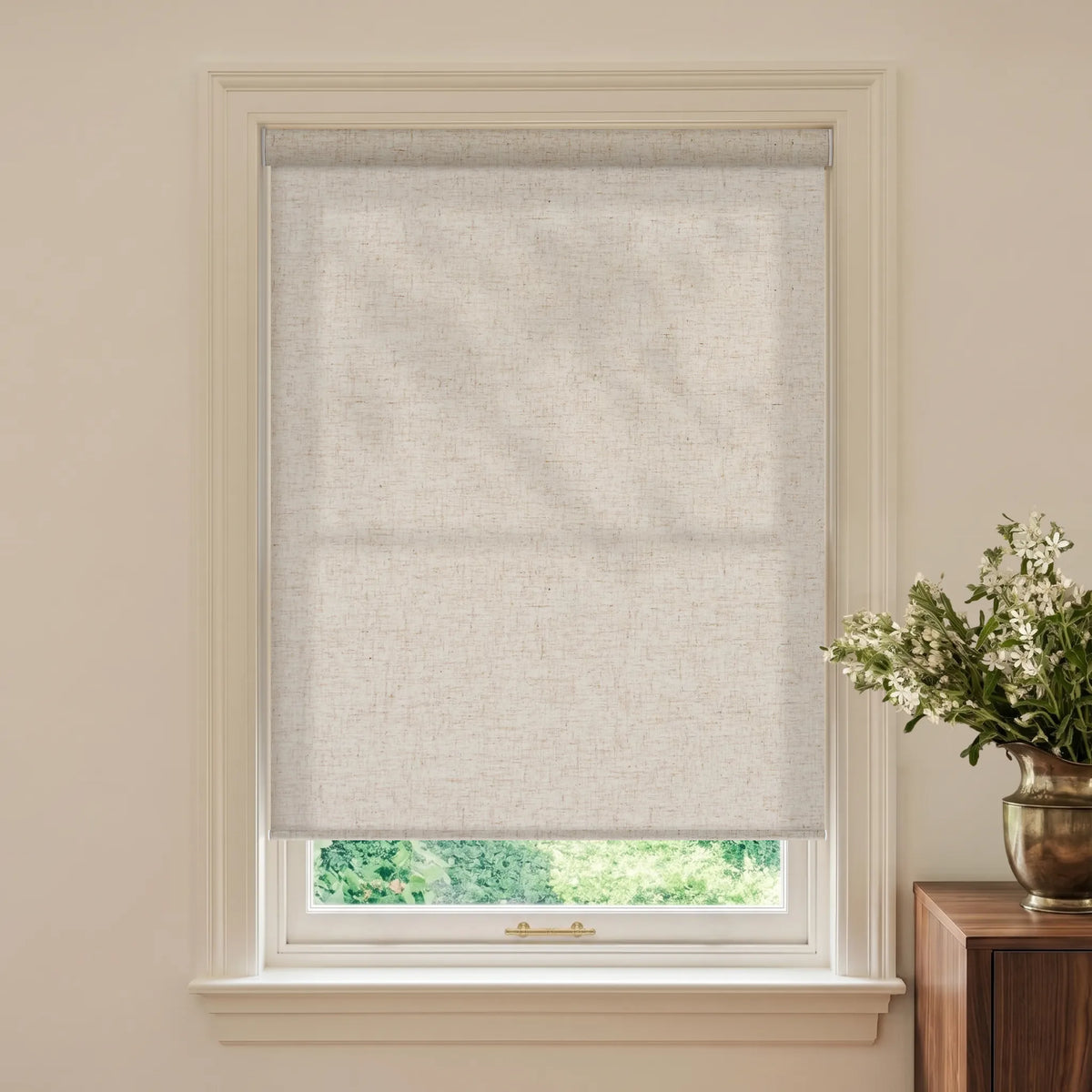 Linen beige textured light filtering roller shades for warm natural light control