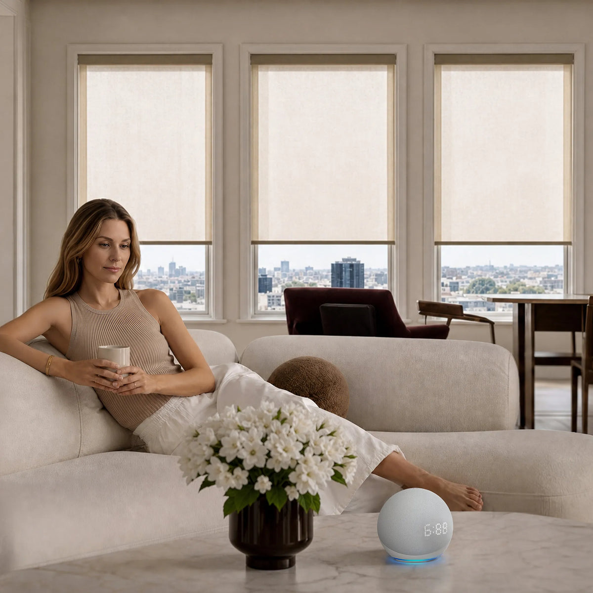 Motorized light filtering roller shades with voice control in a modern living room