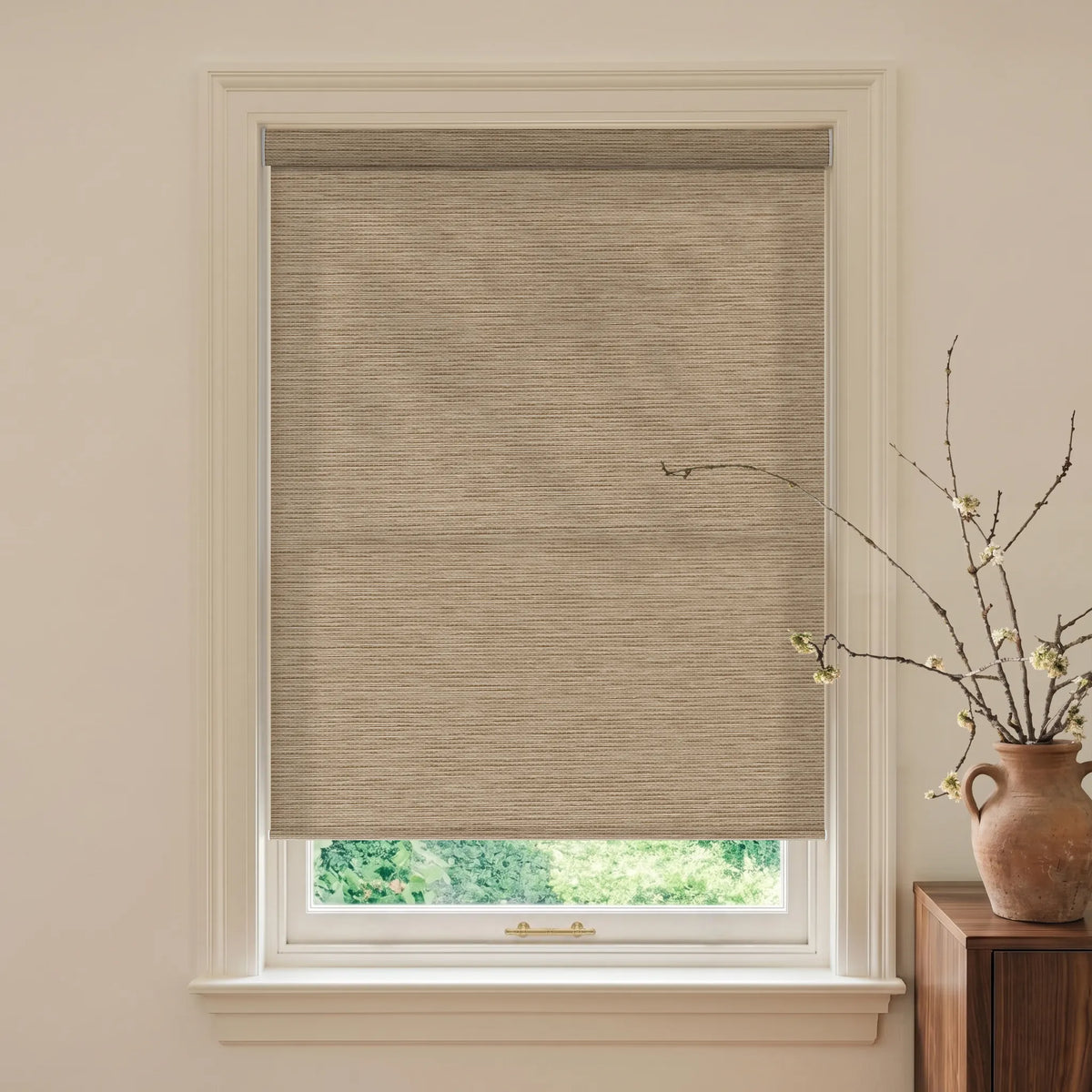 Woven beige nature light filtering roller shades for soft daylight and natural privacy