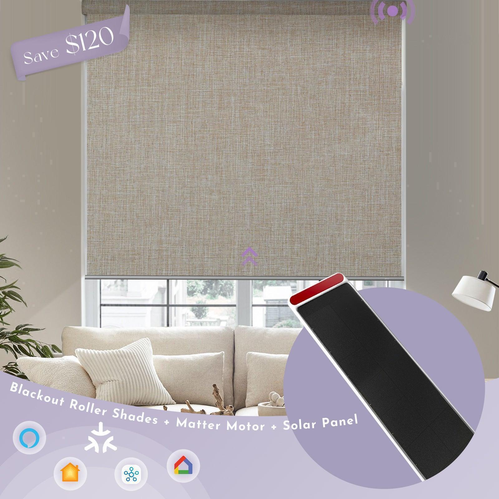 Light coffee blackout roller shades with Matter motor and solar panel in modern living room