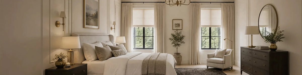 A beautifully styled bedroom interior featuring a neatly made bed with beige and white linens, matching curtains, a dark wood dresser with a mirror, and soft natural light from two windows.