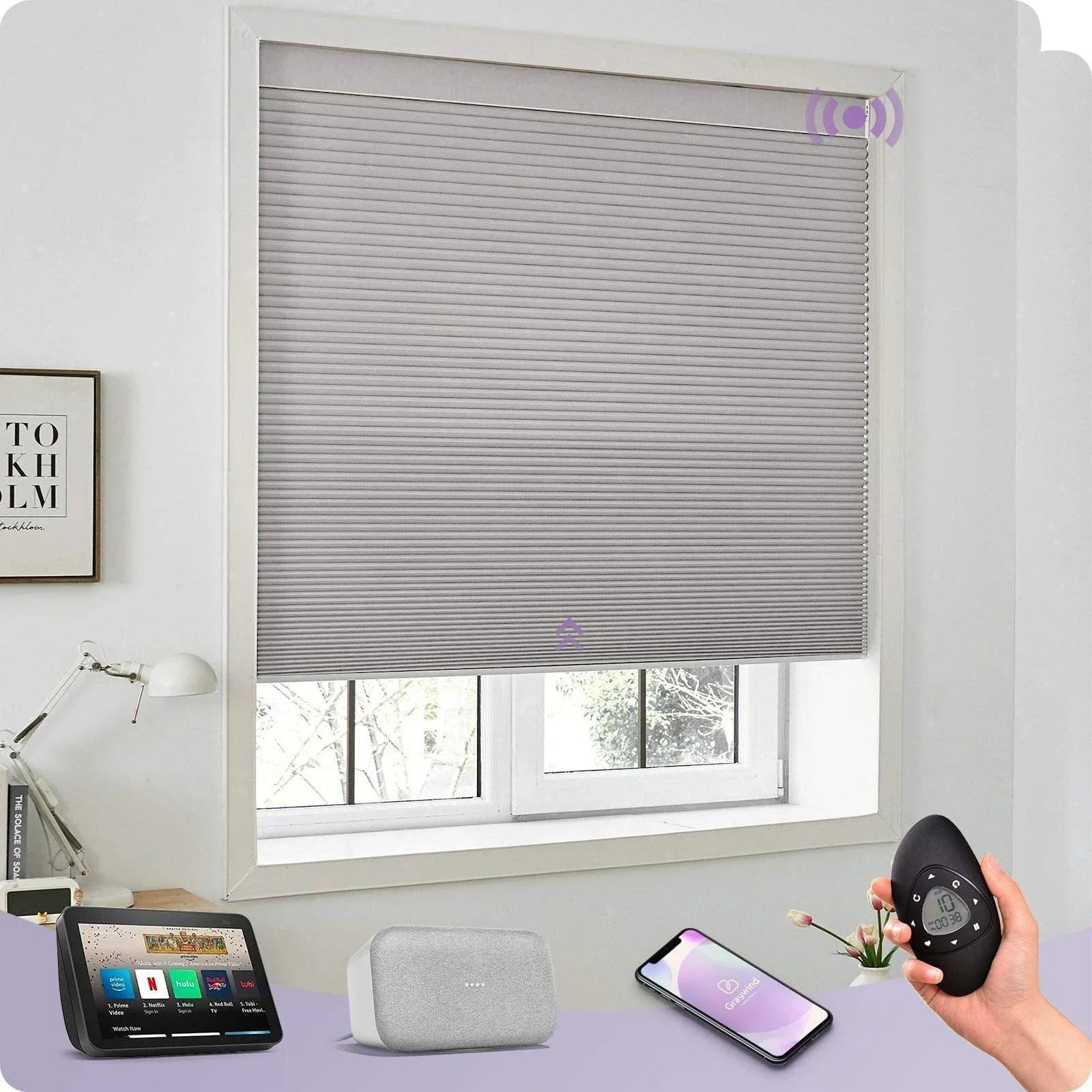 Light grey smart cellular window shade in a modern room, shown with remote, smartphone, and smart home hub integration.