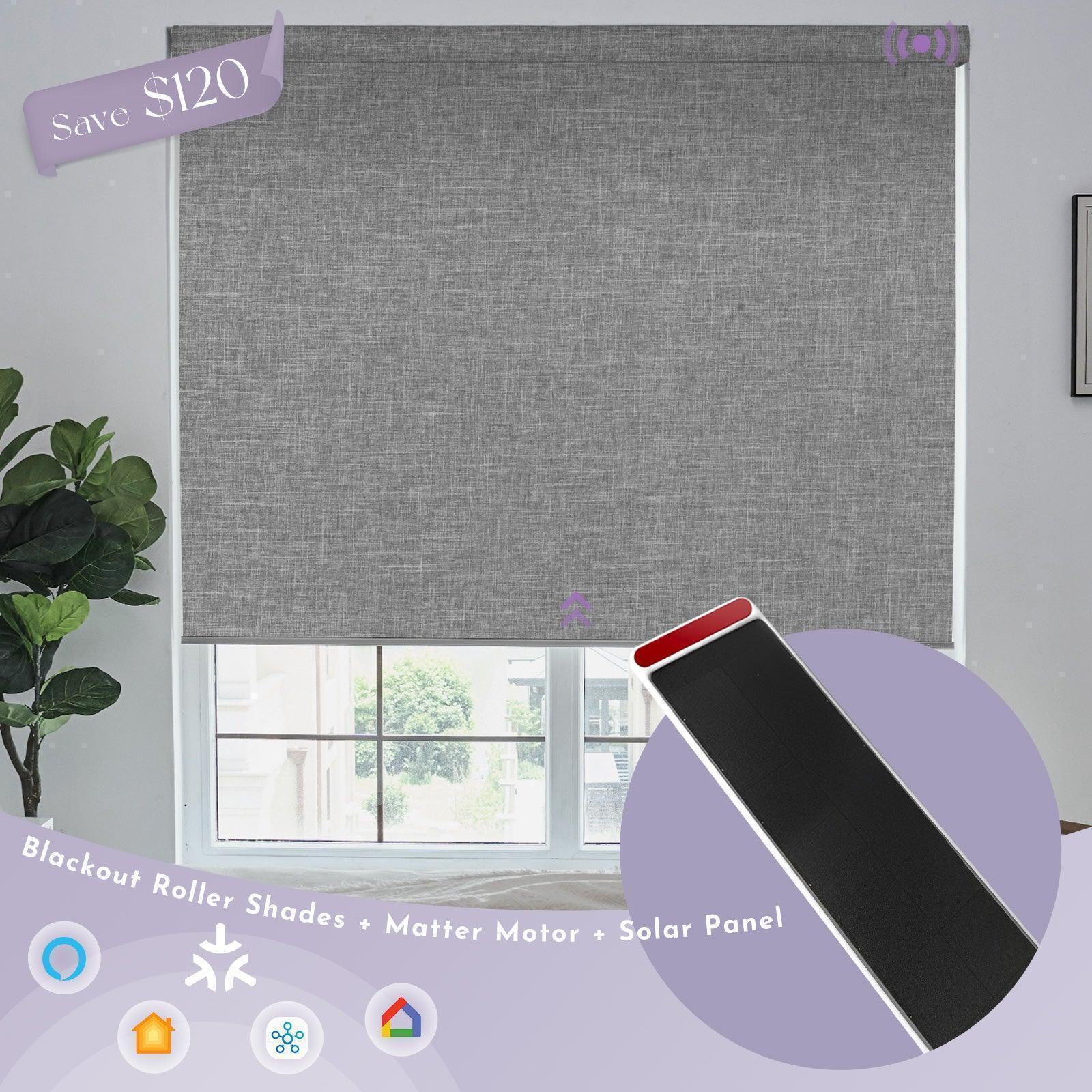 Light grey blackout roller shades with smart Matter motor and solar panel, installed on window