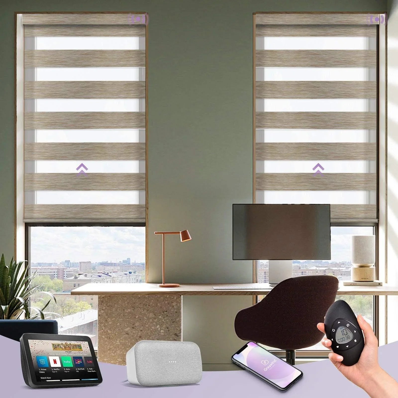 Smart zebra roller shades in a modern home office, shown with remote control and smart devices integration.