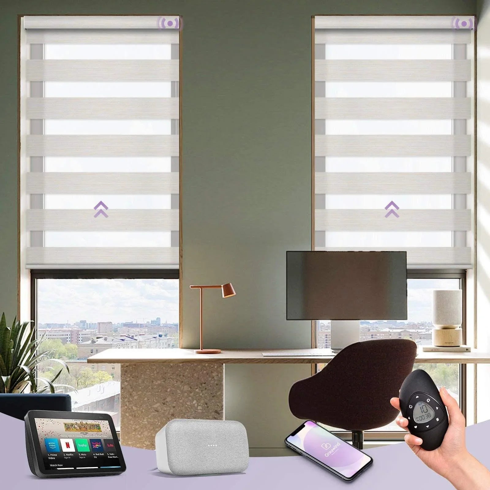Smart motorized zebra blinds in a modern home office with remote, phone, and voice assistant integration.