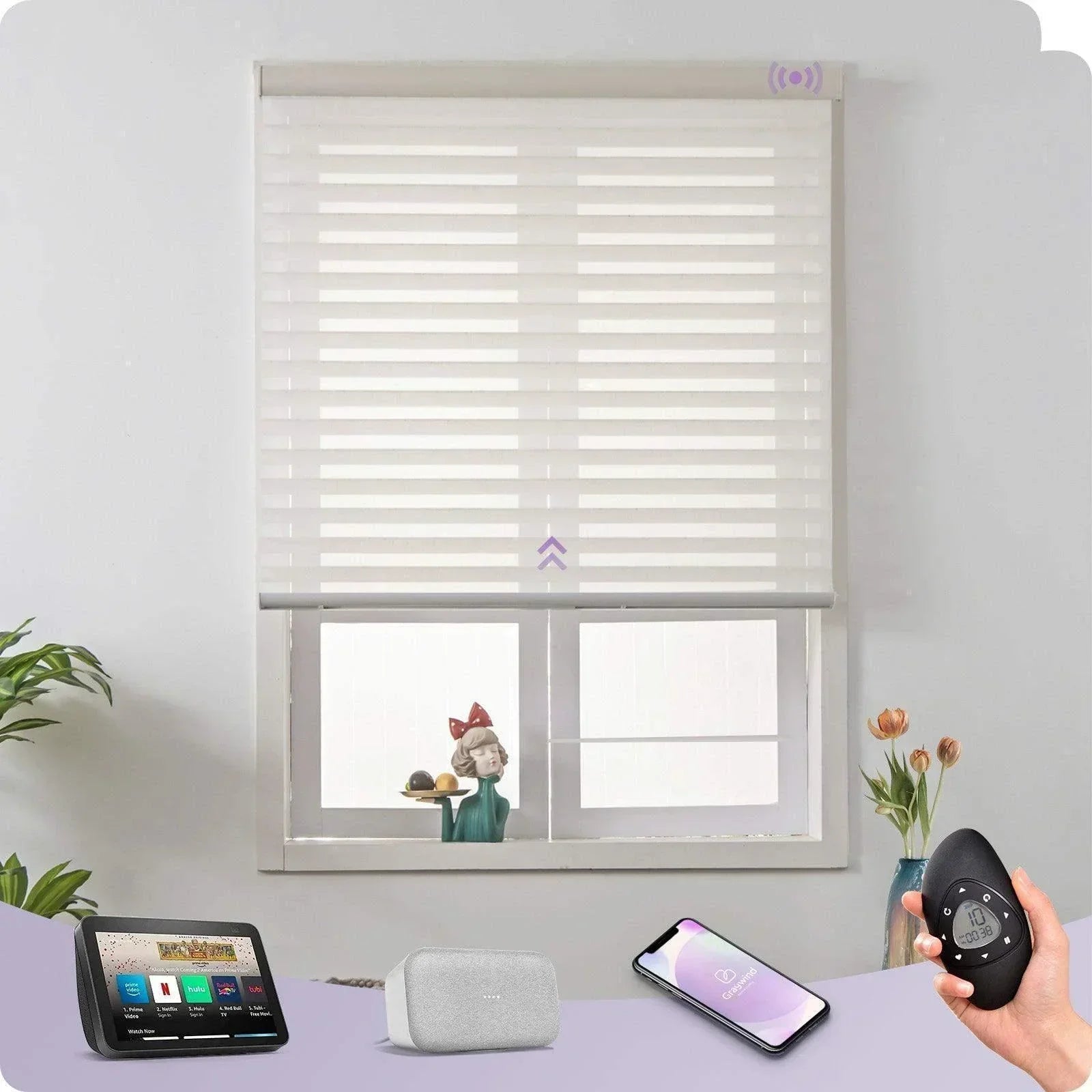 Smart beige linen window blinds with remote control, compatible with Alexa, Google Home, smartphone