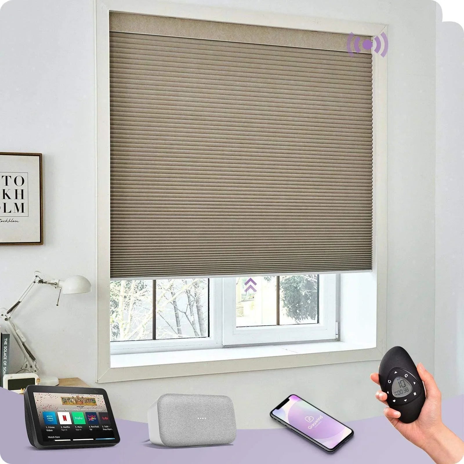 Smart motorized cellular shade in light brown on a window, controlled by remote, app, and smart speaker.