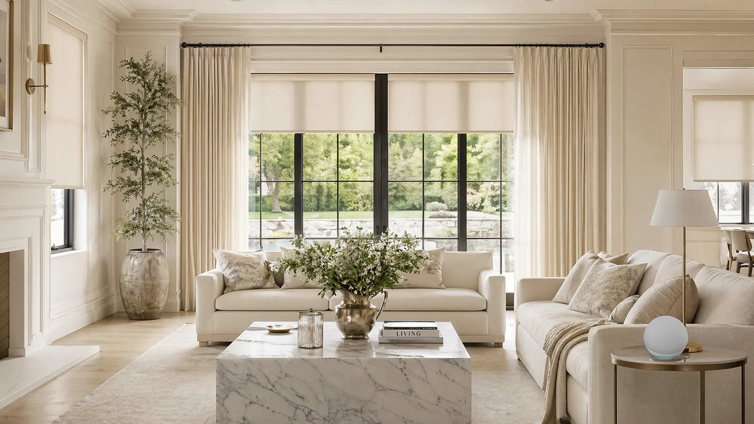 Modern Farmhouse style living room with roller shades and curtains