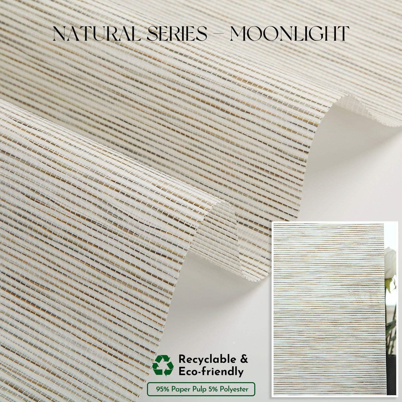 Natural series Moonlight window shade fabric with beige and white horizontal stripes, eco-friendly, 95% paper pulp, 5% polyester.