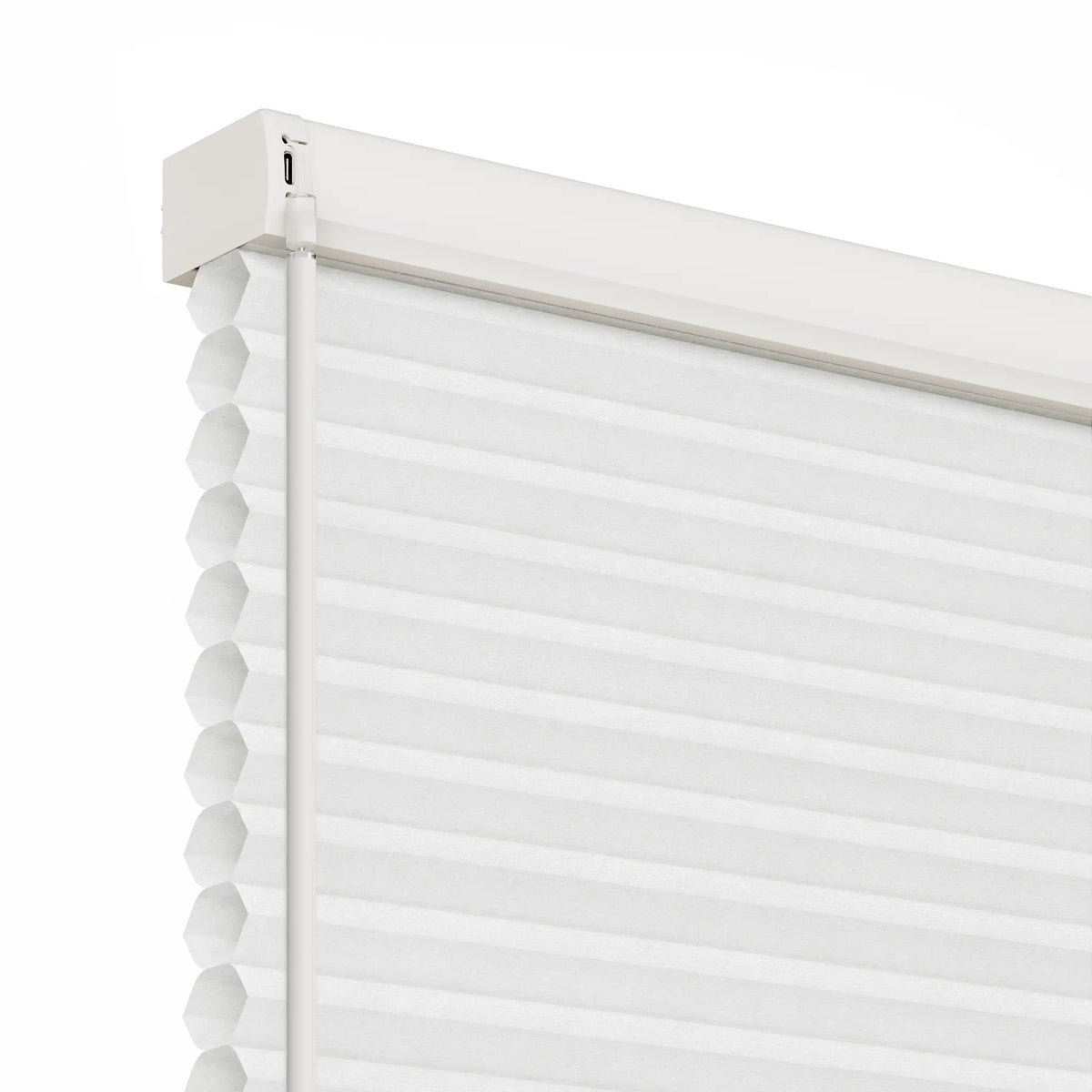 White Motionblinds Smart Cellular Shades  with a matching white header rail and side cord tube, shown against a plain white background.