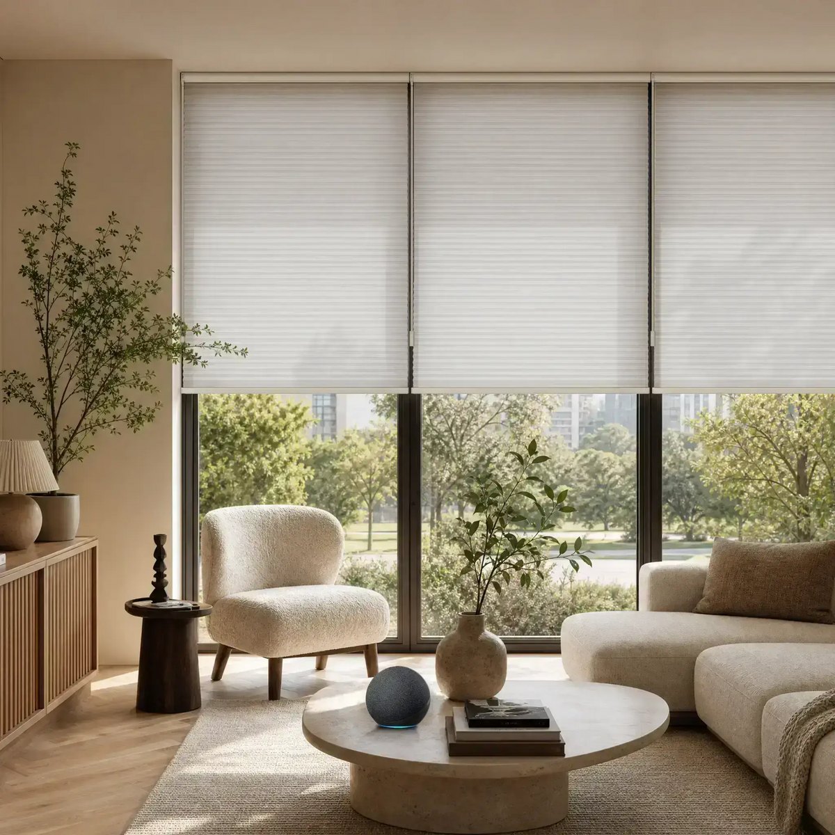 Three off-white cMotionblinds Smart Cellular Shades installed on a large floor-to-ceiling window in a modern, sunlit living room with a sofa, armchair, and coffee table.