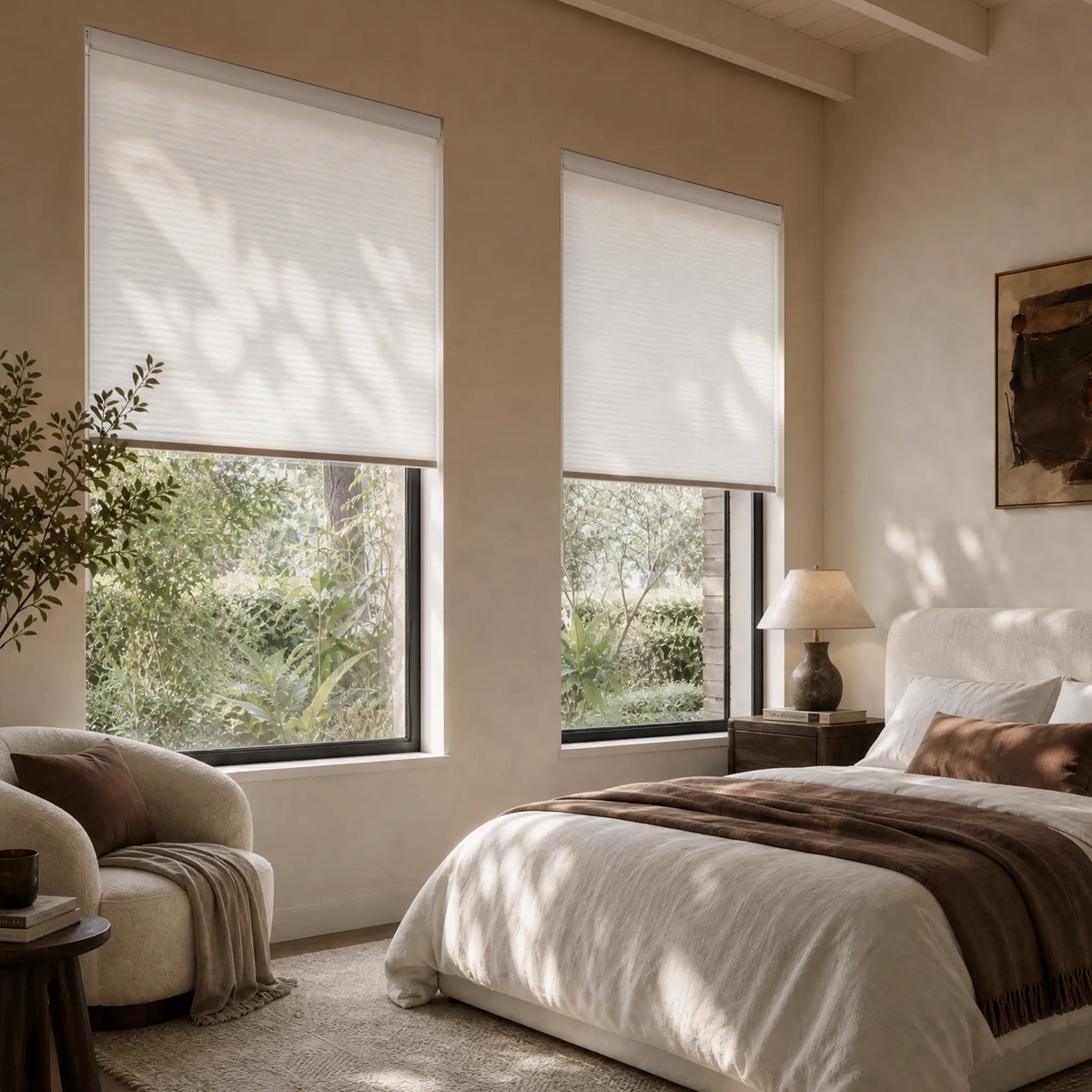 A styled bedroom interior with two Motionblinds Smart Cellular Shades partially drawn, showing outdoor greenery. The room includes a bed with white bedding and a brown throw, a beige armchair, bedside tables, and warm neutral walls.