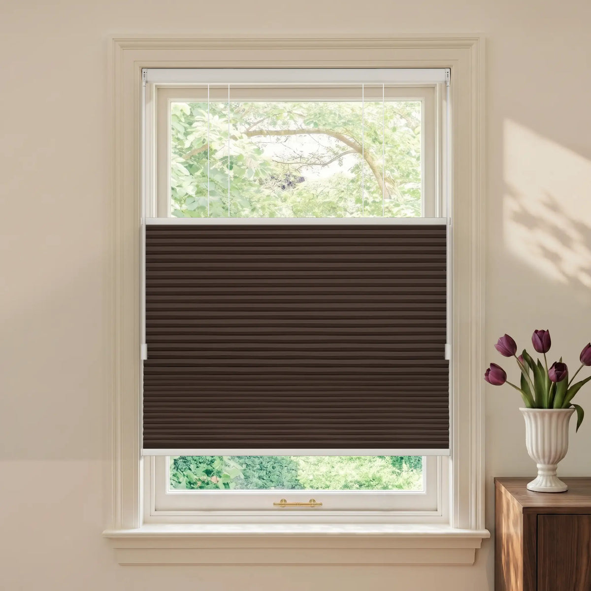 A dark brown Motionblinds Smart Top Down Bottom Up Cellular Shades installed on a white-framed window, with a cream-colored wall and a wooden side table with purple tulips visible in the background.
