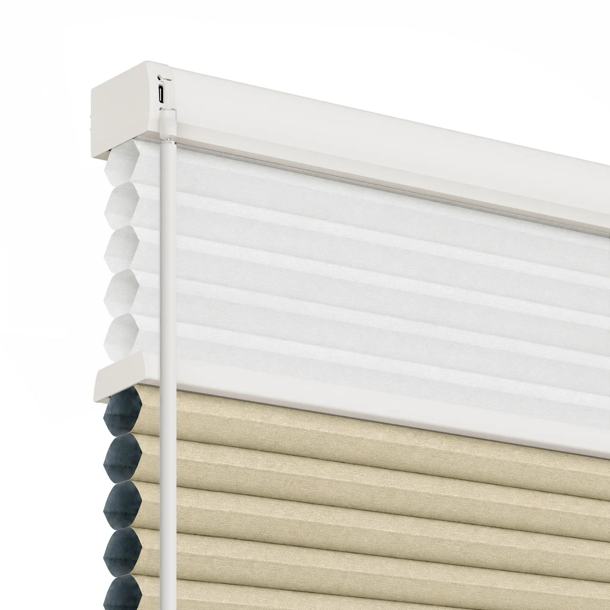 Close-up of a Motionblinds smart Day Night Cellular Shades partially rolled down, and a dark gray decorative finial hanging on the side.