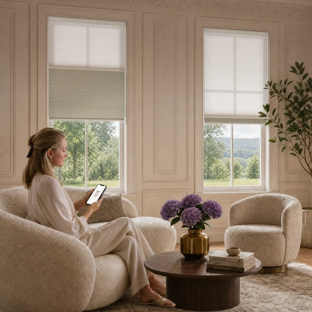 A woman sits on a cream boucle sofa in a bright, elegant living room, holding a tablet. Two tall windows with Motionblinds smart Day Night Cellular Shades  are visible behind her, with a matching armchair, a round wooden coffee table with purple flowers, and a potted plant in the background.