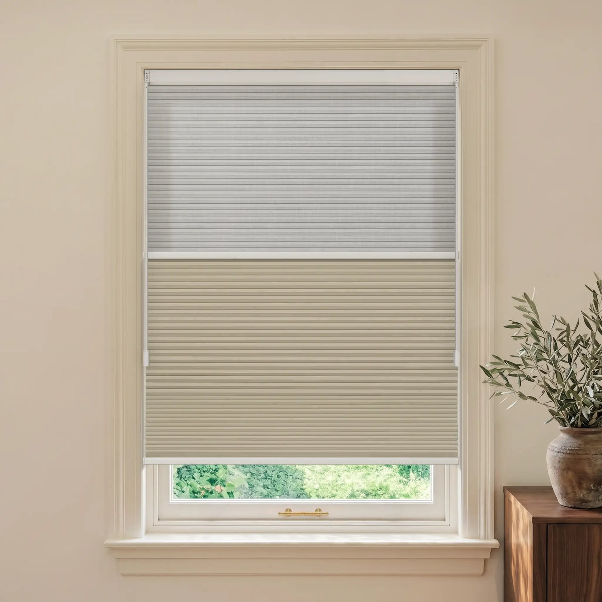 A Motionblinds smart Day Night Cellular Shades  partially drawn on a white-framed window, set in a warm beige room with a wooden side table and potted olive branch visible on the right.