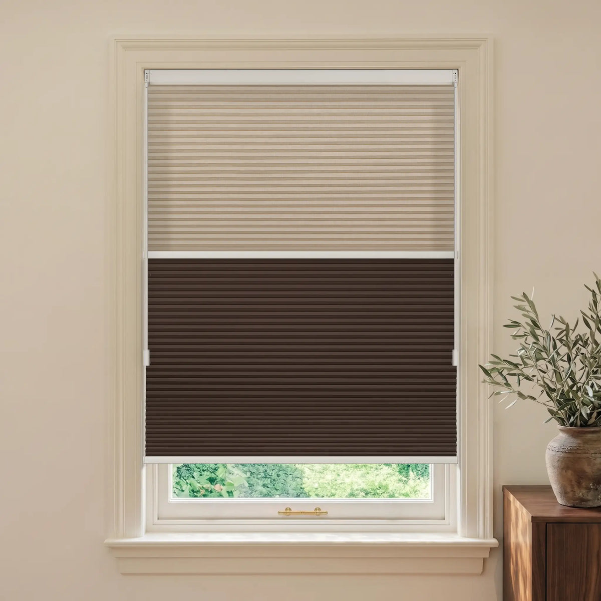 A Motionblinds smart Day Night Cellular Shades  in beige and dark brown, partially drawn down a white-framed window in a beige room with a potted olive tree on a wooden side table.