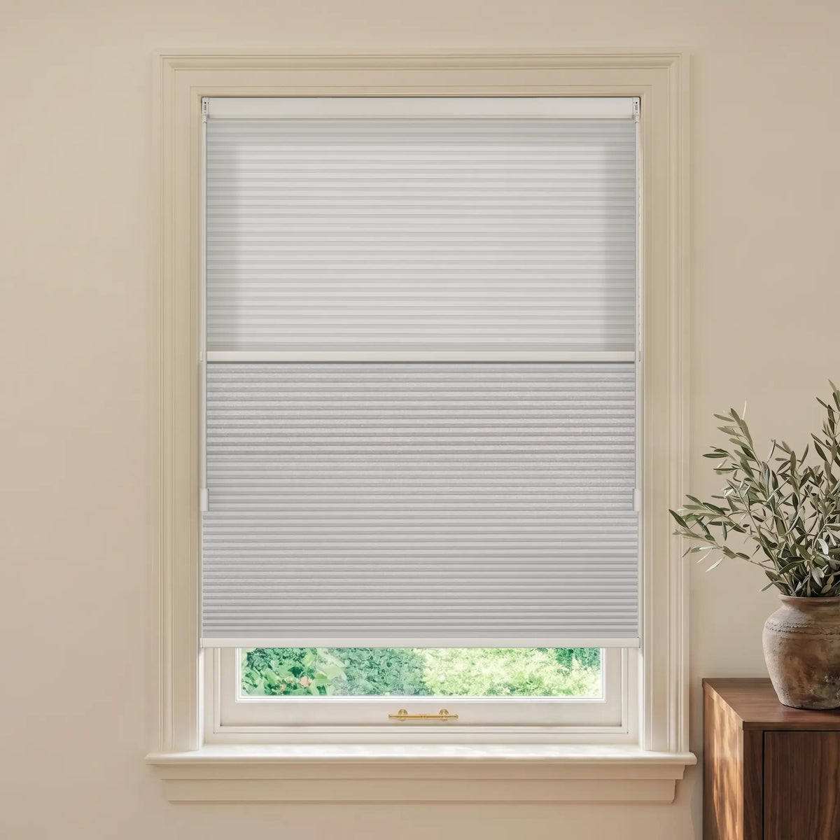 A  wihte Motionblinds smart Day Night Cellular Shades partially drawn across a white-framed window, shown in a styled room setting with a cream-colored wall and a potted olive branch on a wooden side table.