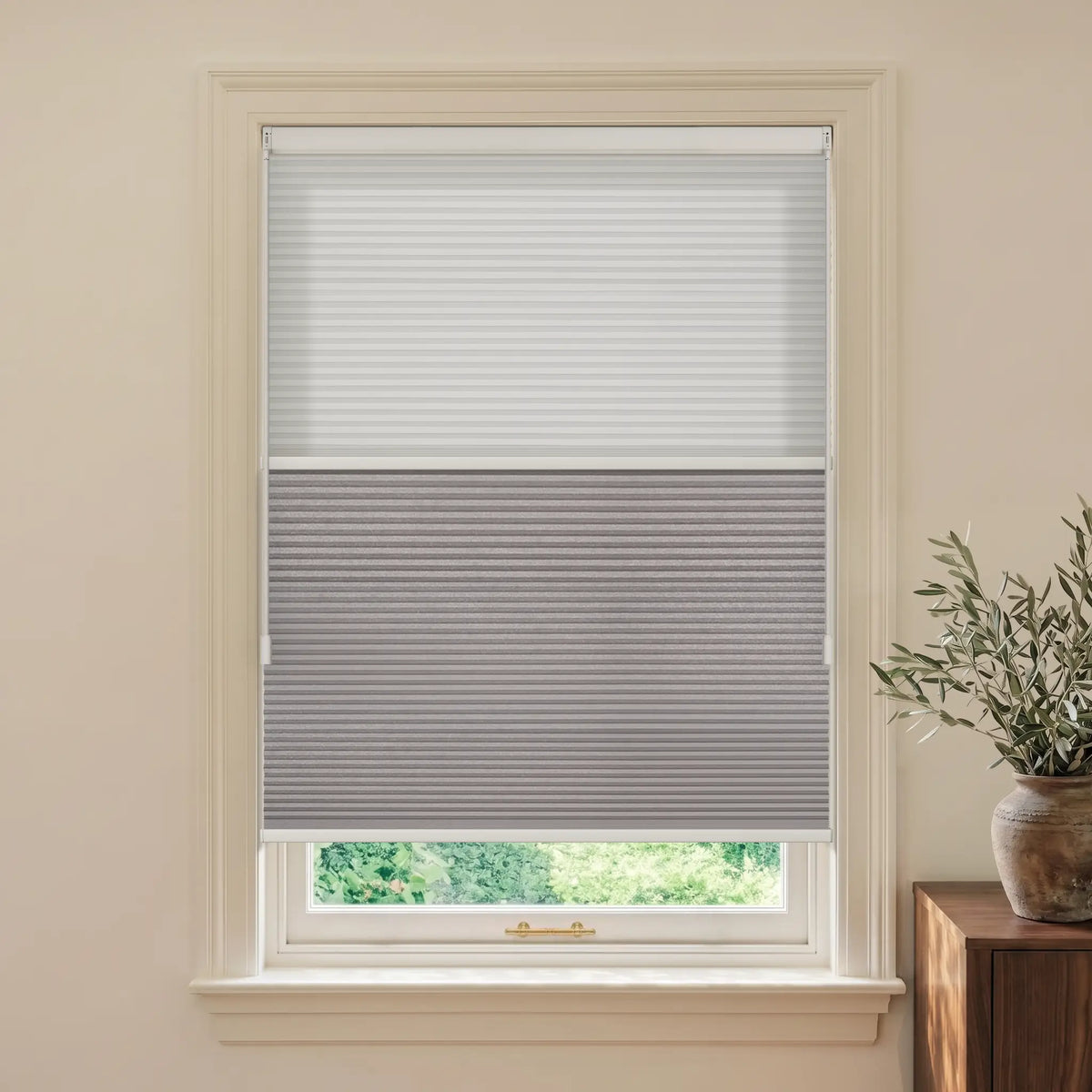 A Motionblinds smart Day Night Cellular Shades  with the top half in white and the bottom half in gray, installed on a white window frame in a beige room with a potted olive tree on a wooden side table.