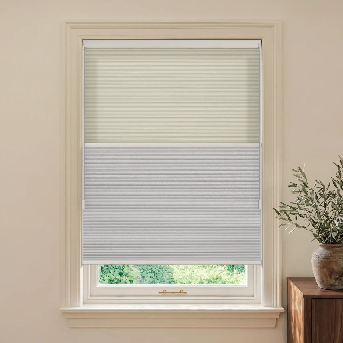 A pair of gray and white Motionblinds smart Day Night Cellular Shades installed on a white window frame, shown in a styled room setting with a potted olive branch on a wooden side table.