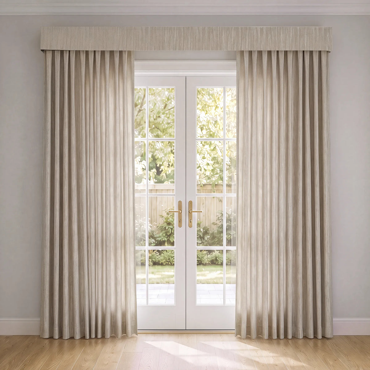 A pair of floor-length beige curtains with matching pleated valances hanging on either side of white French doors in a bright room with light wood floors.