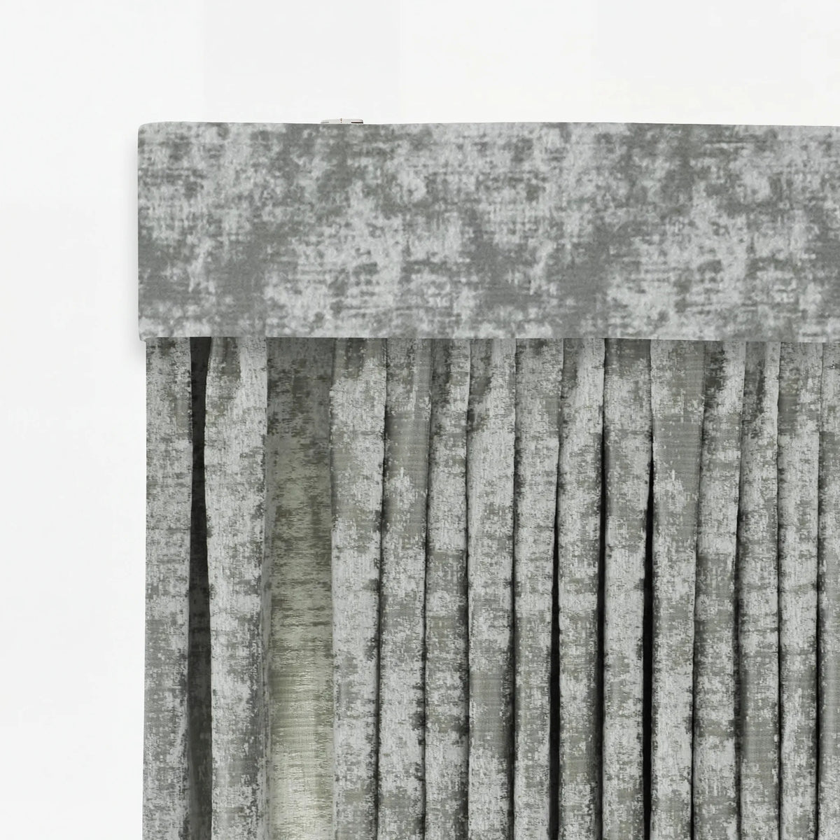 Gray textured curtain panel with a matching valance and vertical pleats, shown against a plain white background.