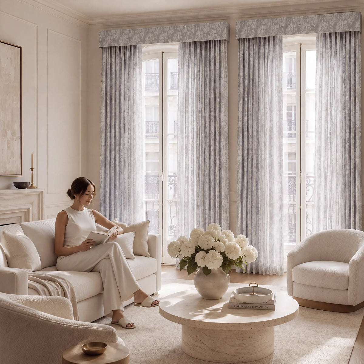 A woman sits on a cream sofa in a bright, elegant living room, reading a book. The room features tall windows dressed in light gray patterned curtains with matching valances, a round stone coffee table with a vase of white flowers, and a matching cream armchair.