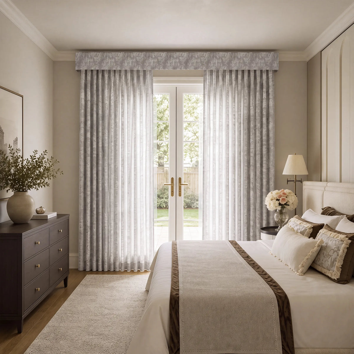 A styled bedroom interior featuring floor-length sheer curtains with a subtle gray damask pattern, hung over a set of French doors that look out onto a garden. The room is decorated with neutral beige and white bedding, a dark wood dresser, and a soft rug.