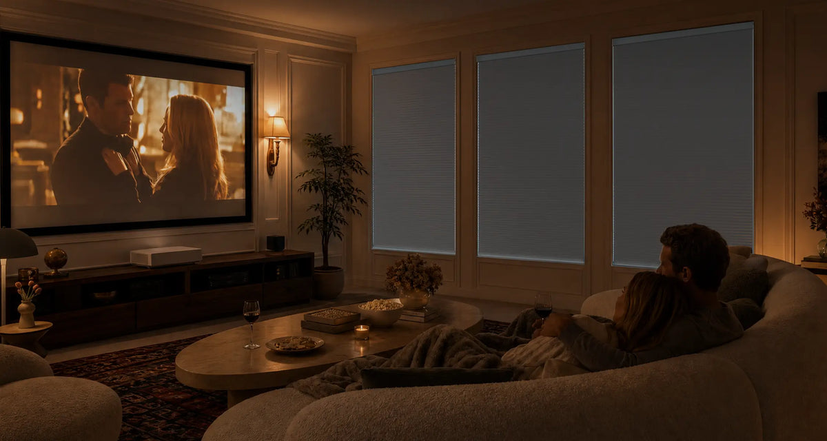 A cozy living room scene with a couple reclining on a sofa watching a movie on a large wall-mounted screen. Three tall windows with closed celluar blinds are visible behind them, and the room is warmly lit with ambient wall sconces.