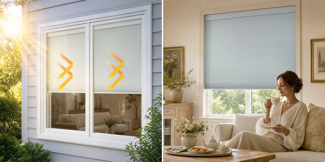 A split-screen comparison showing cellular shades in use: on the left, white cellular shades reduce heat transfer and improve indoor comfort, and on the right, a woman relaxes on a sofa in a bright living room wearing light blue-gray cellular window shades.