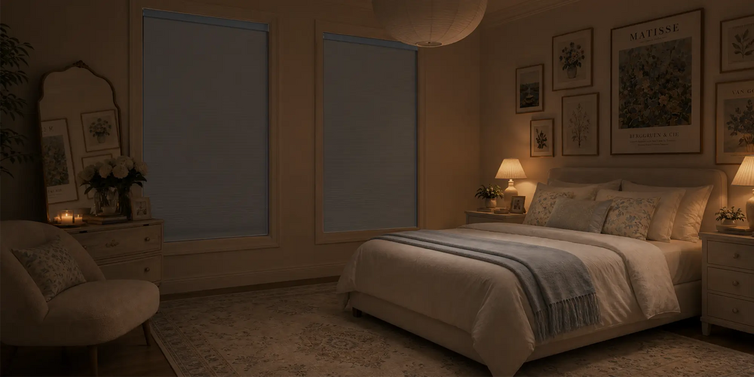 A styled bedroom interior with two cellular shades on the back wall, a bed with neutral bedding, bedside tables and lamps, framed wall art, and a chair in a dimly lit room.