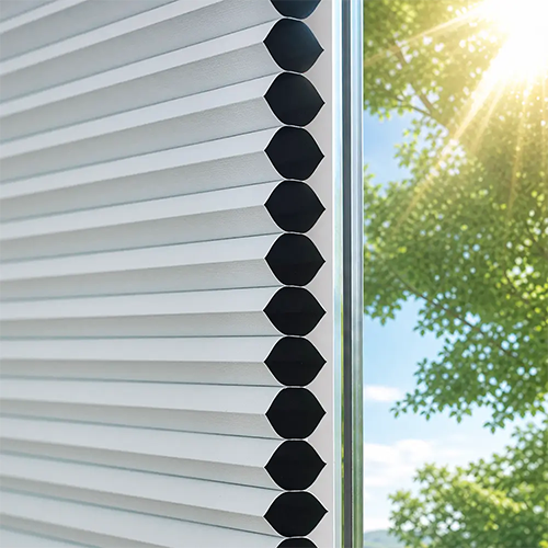 The honeycomb structure traps air to reduce heat transfer and improve indoor comfort. 