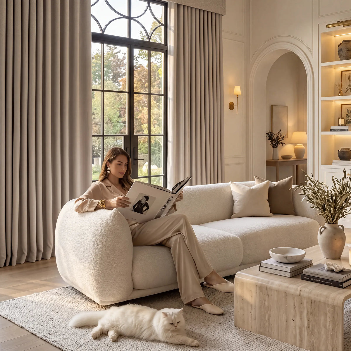 A woman in beige loungewear sits on a cream boucle sofa reading a magazine in a bright, modern living room. A white cat lies on the rug in the foreground, and the room features neutral beige curtains, a marble coffee table, and built-in shelves.