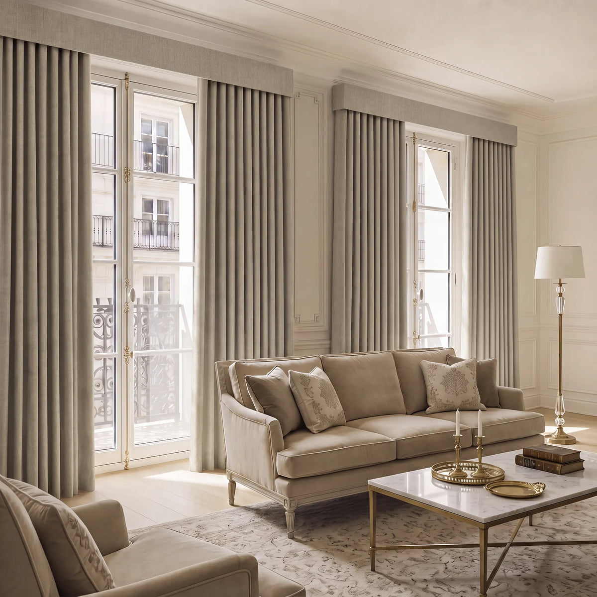 A luxury living room featuring elegant taupe-beige pleated window curtains, a matching beige sofa, and a marble coffee table.