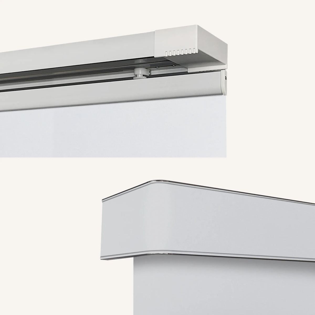 Close-up of a white Motorized Blackout Panel Track Blinds rail system with a partially drawn white curtain, shown in two detail views against a light off-white background.