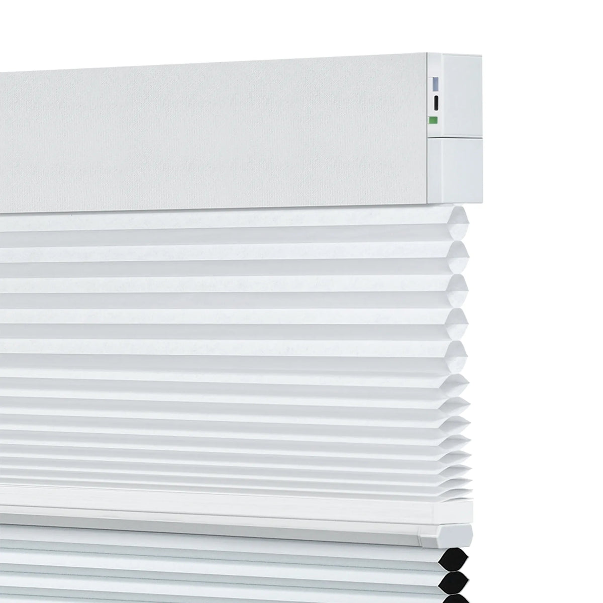 Close-up of a white Motorized Day Night Cellular Shades with a white header and a small side control, shown against a plain white background.