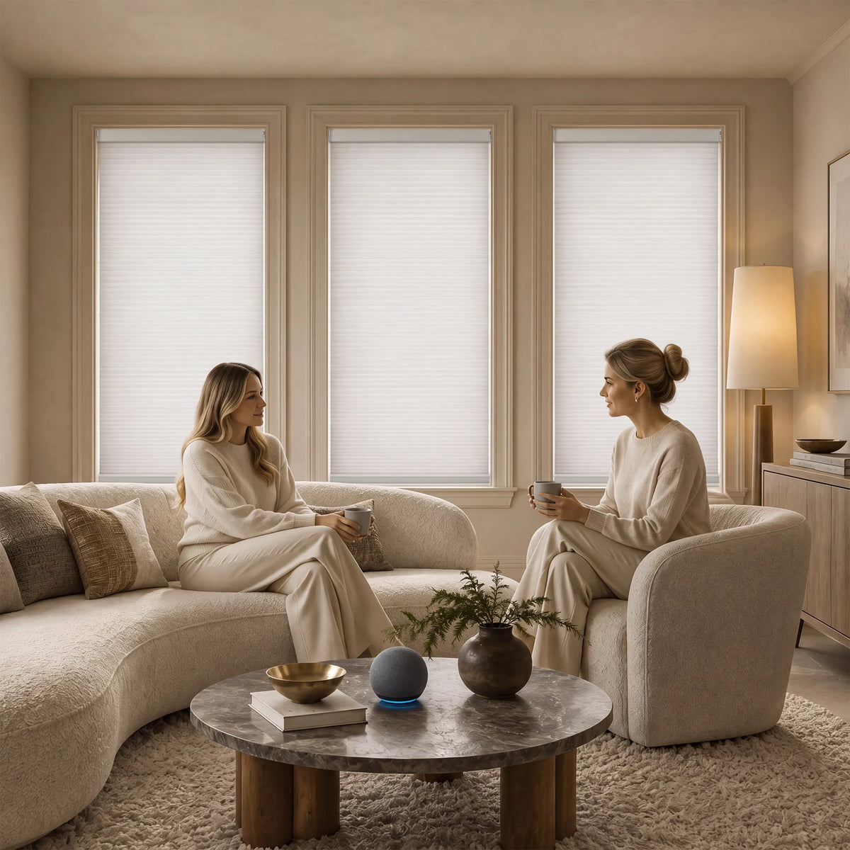 Two women in matching beige loungewear sit on a curved beige sofa and an armchair in a softly lit living room, with three large window panels behind them featuring white Motorized Day Night Cellular Shades