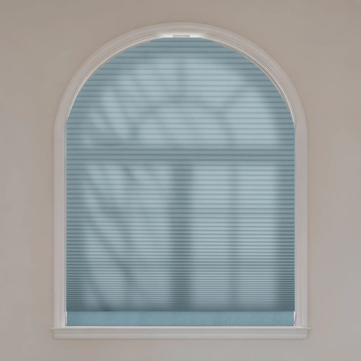 Motorized Elongated Arch Cellular Shades with Dimout-Blue fabric
