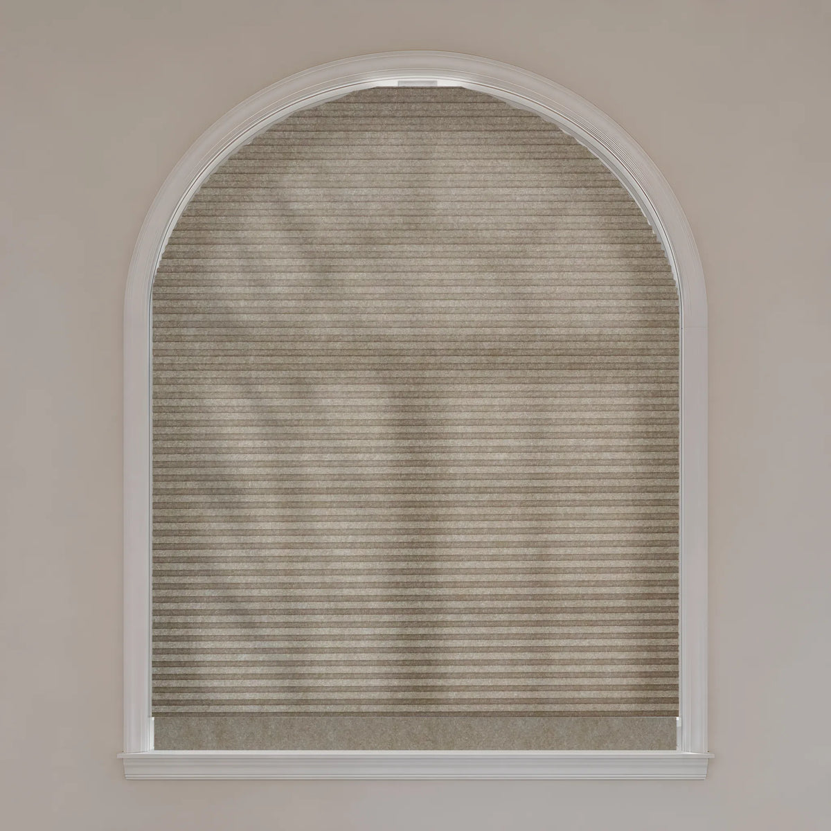 Motorized Elongated Arch Cellular Shades with Dimout-Melange-Coffee  fabric