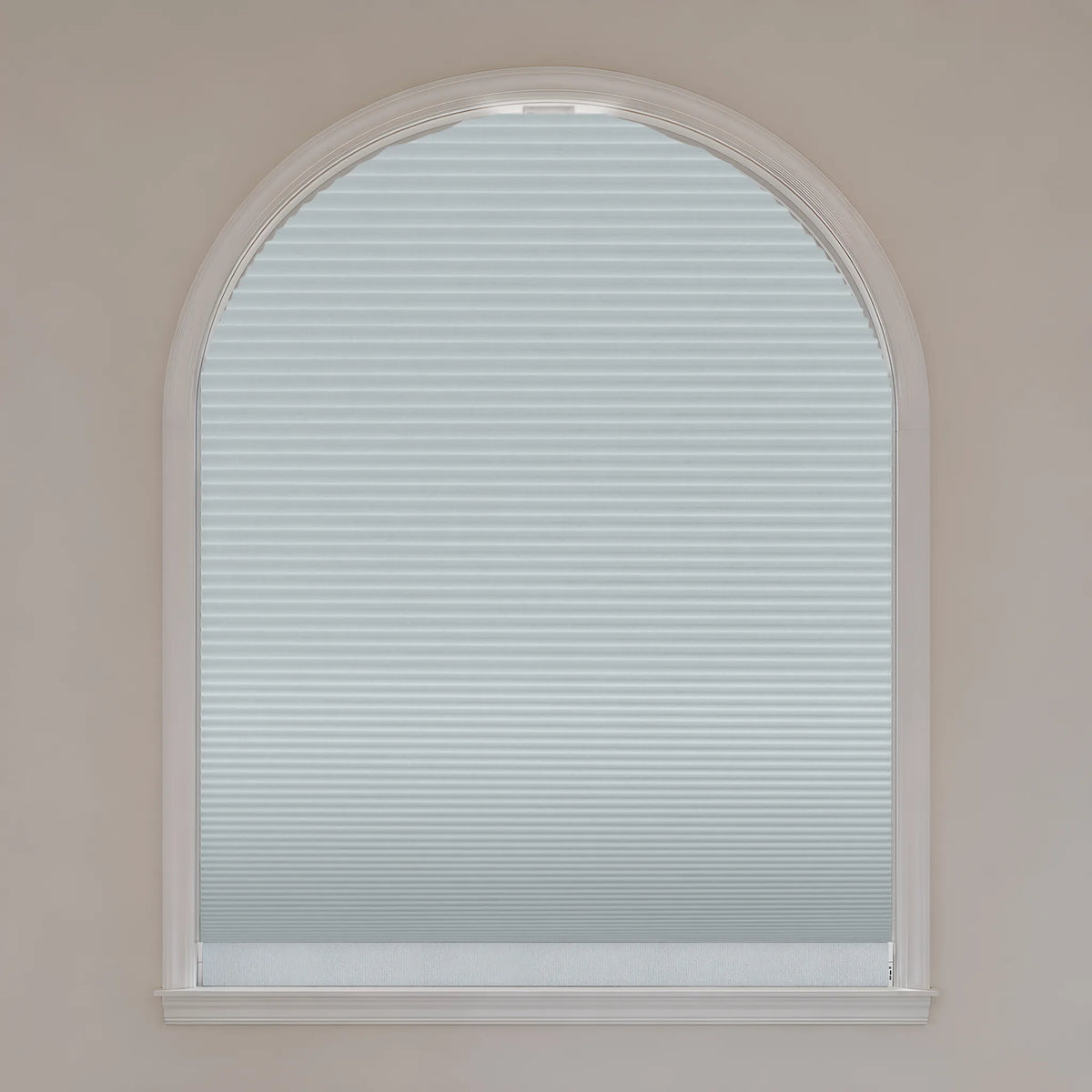Motorized Elongated Arch Cellular Shades with white blackout fabric