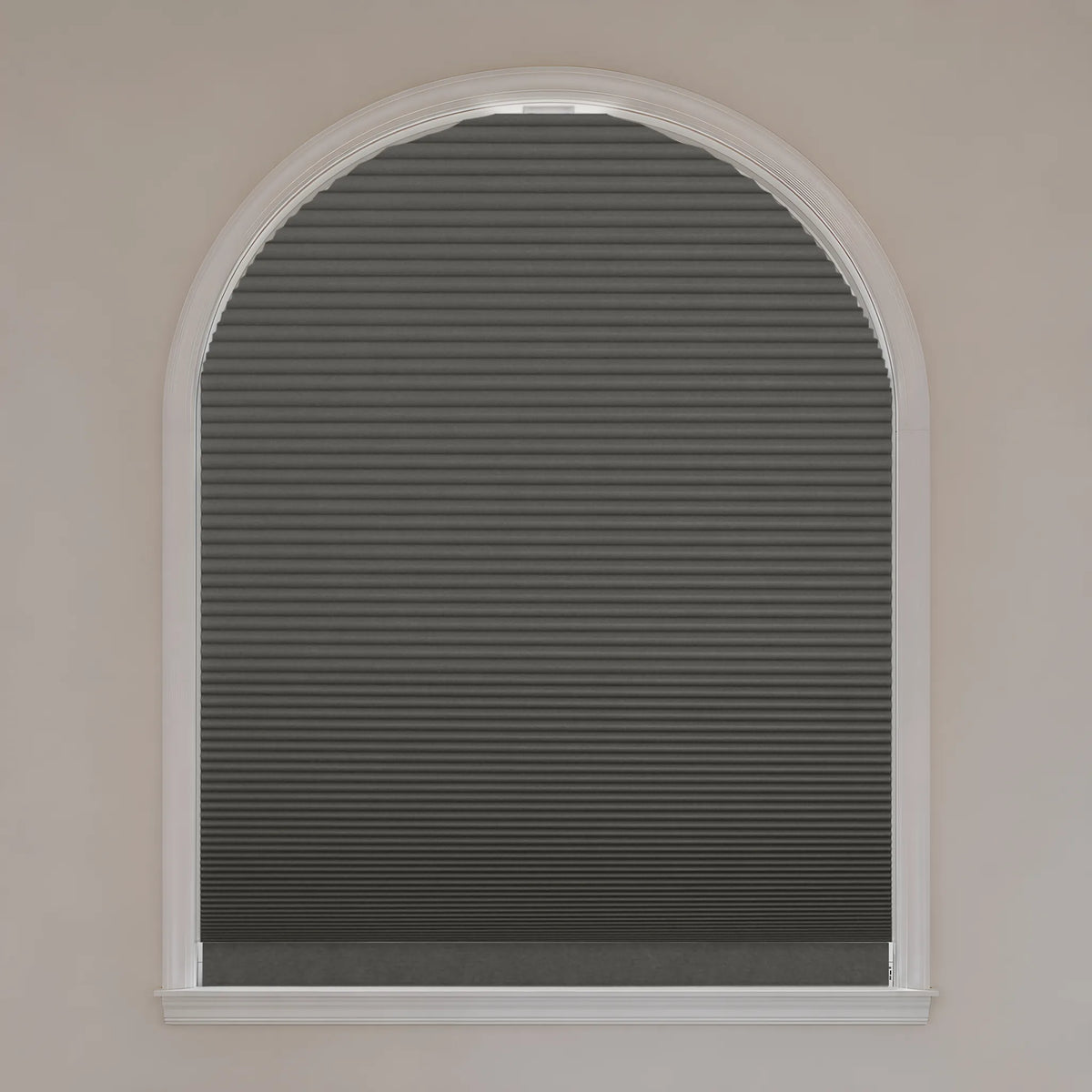 Motorized Elongated Arch Cellular Shades with dark gray blackout fabric