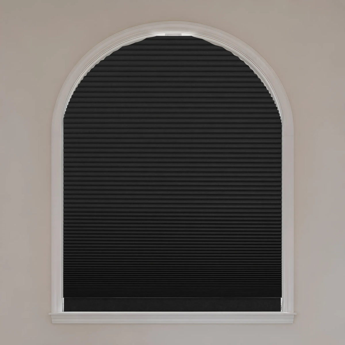 Motorized Elongated Arch Cellular Shades with black blackout fabric