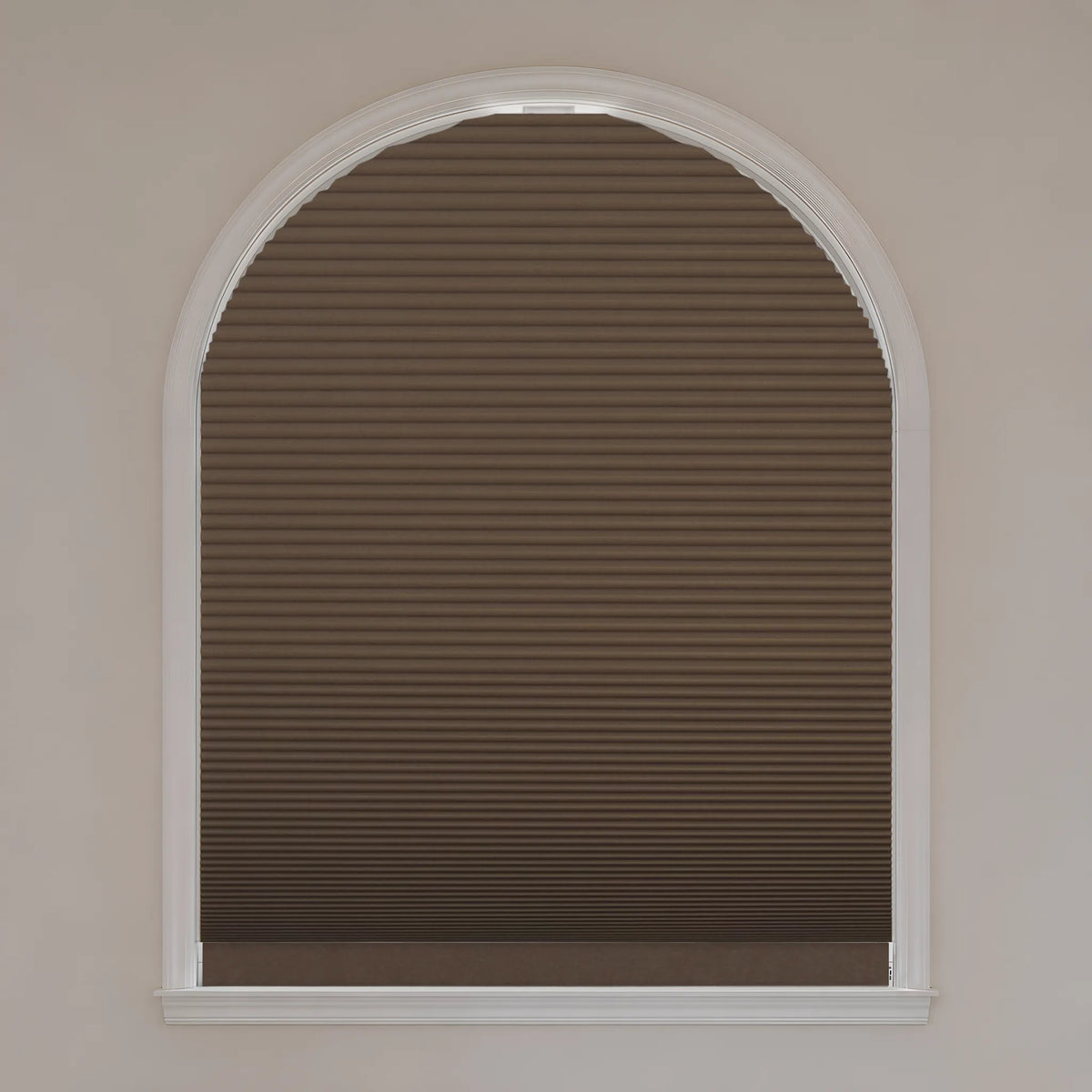 Motorized Elongated Arch Cellular Shades with Brown blackout fabric