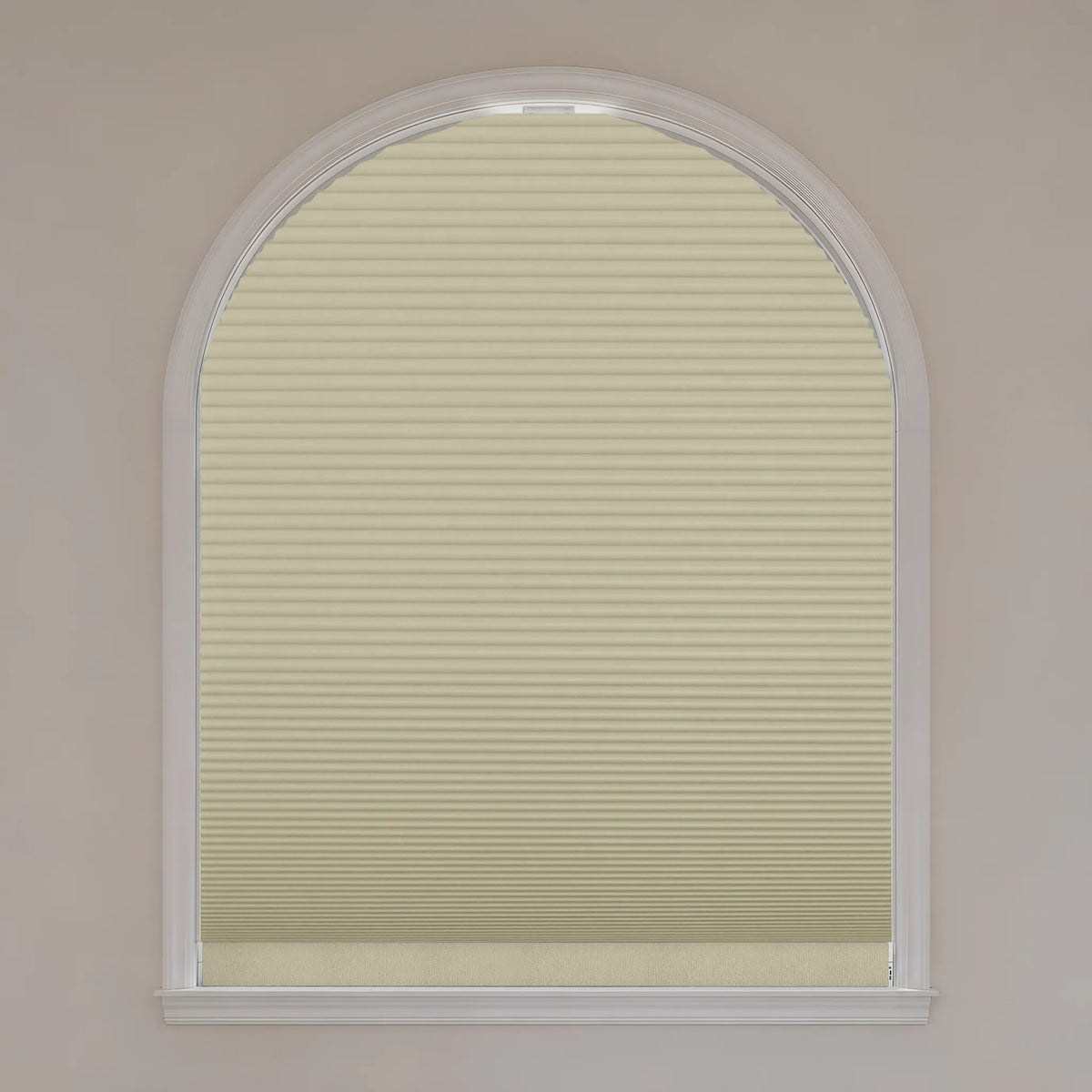 Motorized Elongated Arch Cellular Shades with beige blackout fabric