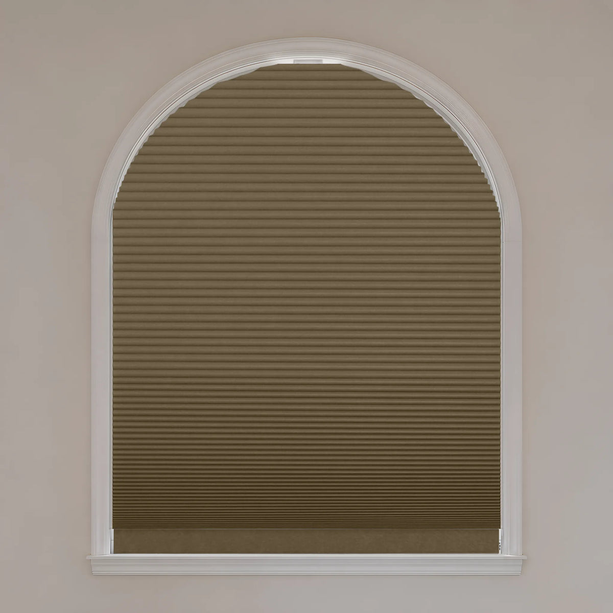 Motorized Elongated Arch Cellular Shades with Burlywood blackout fabric