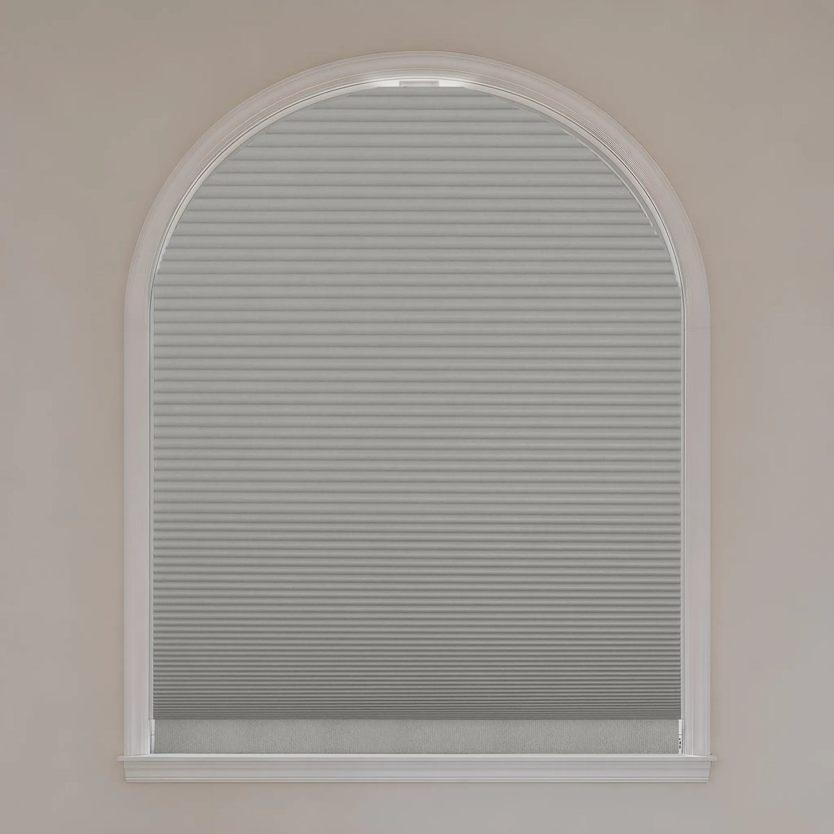Motorized Elongated Arch Cellular Shades with light gray blackout fabric