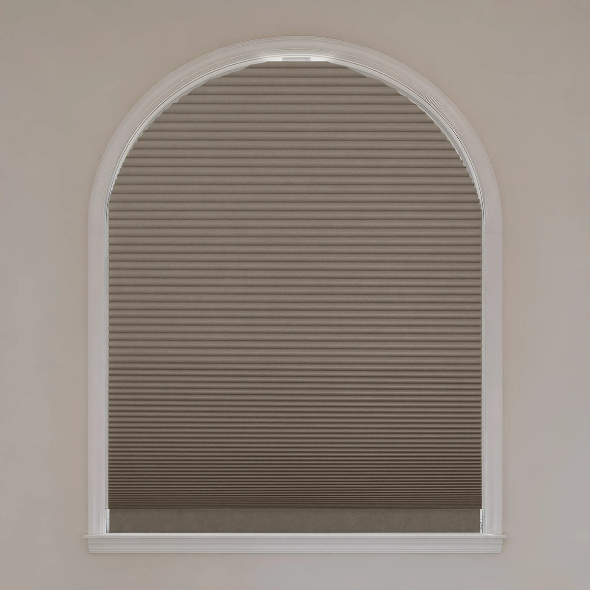 Motorized Elongated Arch Cellular Shades with coffee blackout fabric