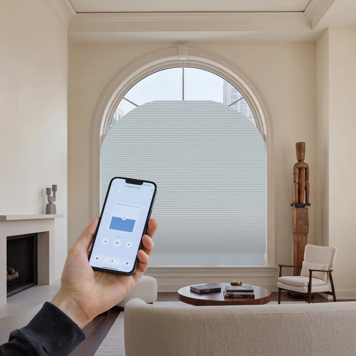 Motorized Elongated Arch Cellular Shades can control by App easily.