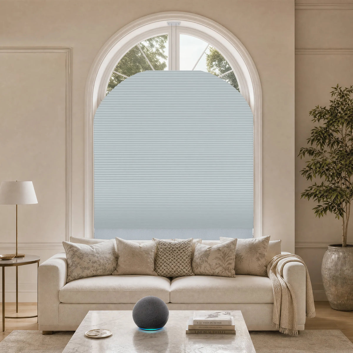 A modern living room with a big Elongated Arch window.