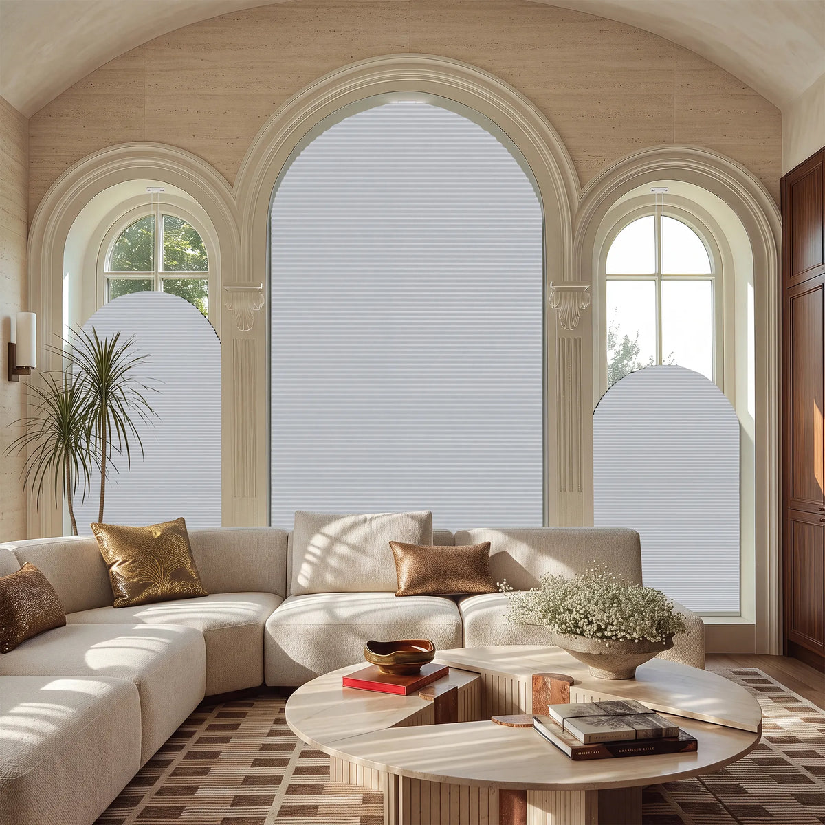 A modern ilivingroom with three Elongated Arch windows covered by Motorized Elongated Arch Cellular Shades.